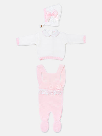 Baby Girl Xenia Collection 3-piece Knitted Dungaree Set - Baby Pink