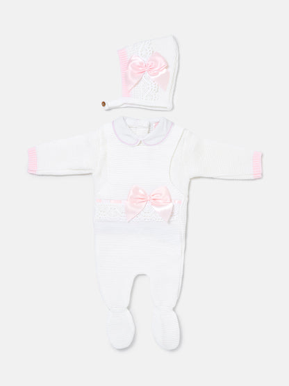 Baby Girl Xenia Collection 3-piece Knitted Dungaree Set - White & Baby Pink