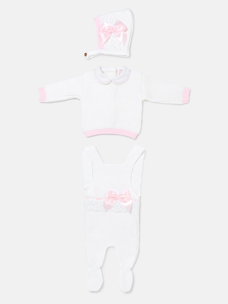 Baby Girl Xenia Collection 3-piece Knitted Dungaree Set - White & Baby Pink