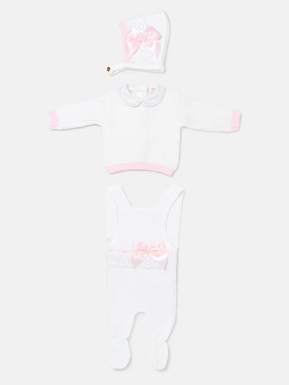Baby Girl Xenia Collection 3-piece Knitted Dungaree Set - White & Baby Pink