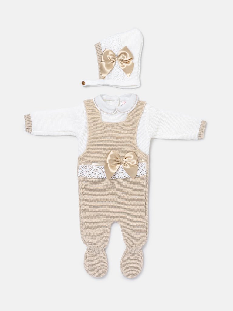 Baby Girl Xenia Collection 3-piece Knitted Dungaree Set - Beige
