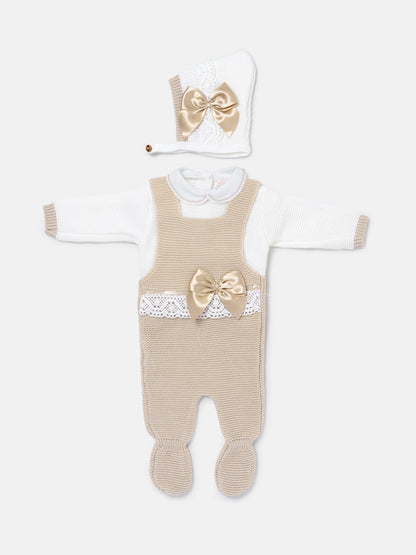 Baby Girl Xenia Collection 3-piece Knitted Dungaree Set - Beige