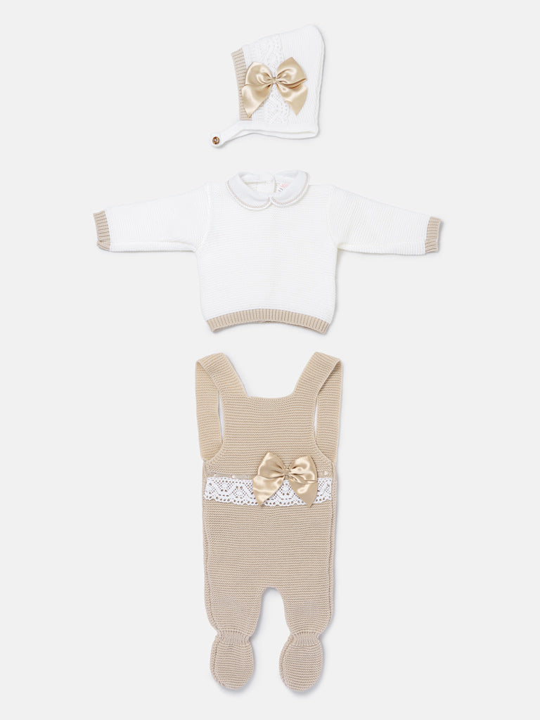Baby Girl Xenia Collection 3-piece Knitted Dungaree Set - Beige