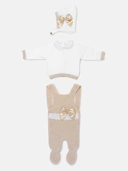 Baby Girl Xenia Collection 3-piece Knitted Dungaree Set - Beige