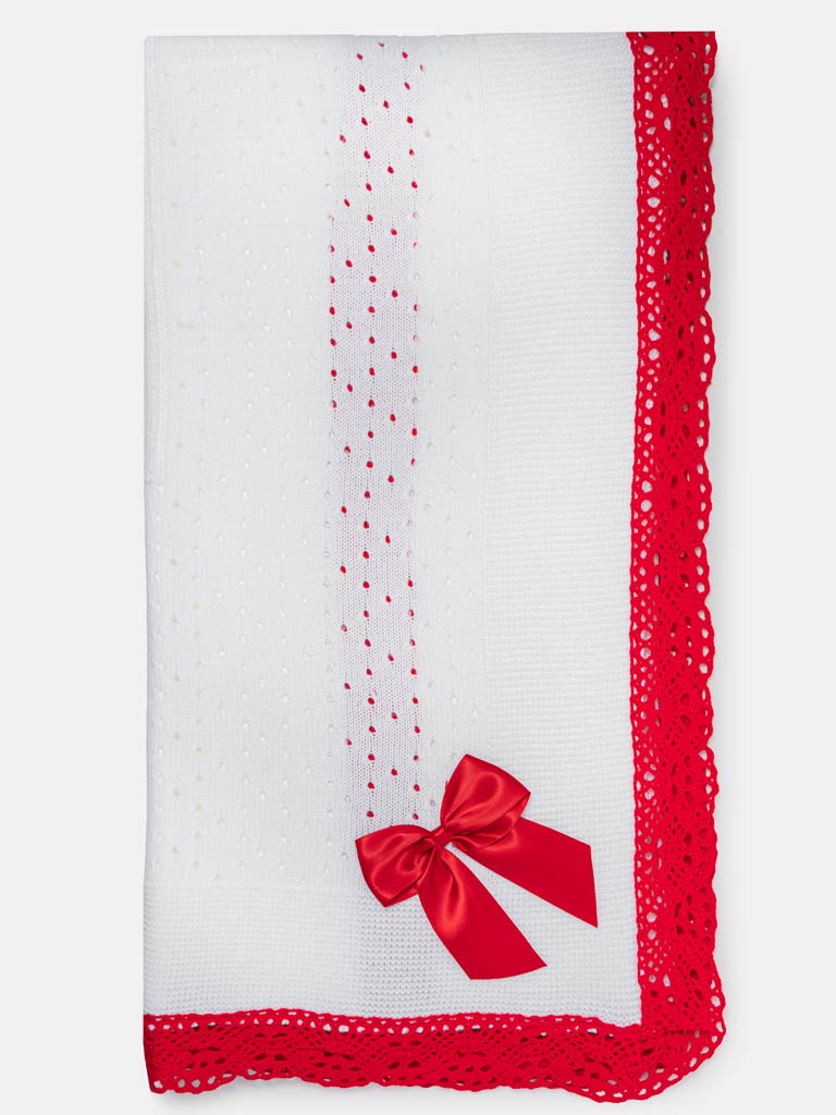 Baby Open Dot Knitted Spanish Blanket with Bow - White & Red