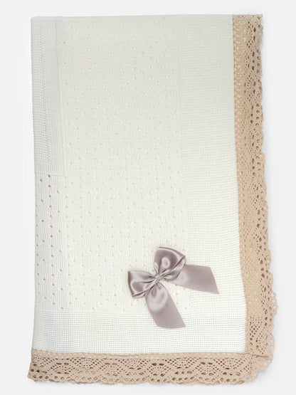 Baby Open Dot Knitted Spanish Blanket with Bow - Ivory & Beige