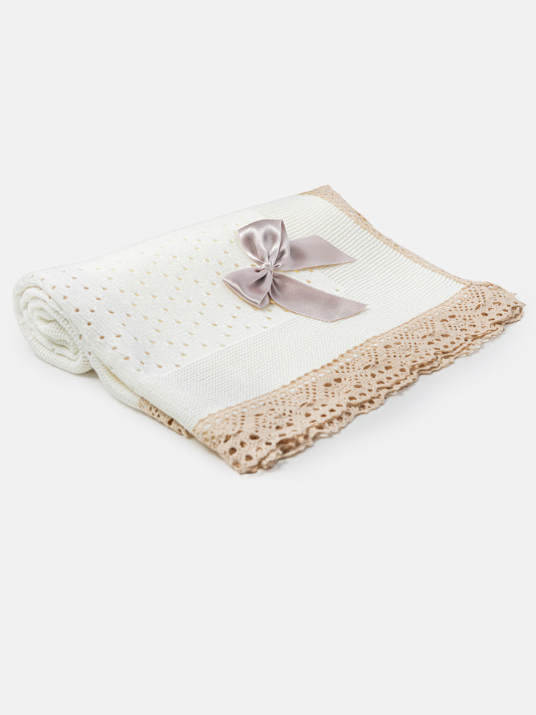 Baby Open Dot Knitted Spanish Blanket with Bow - Ivory & Beige