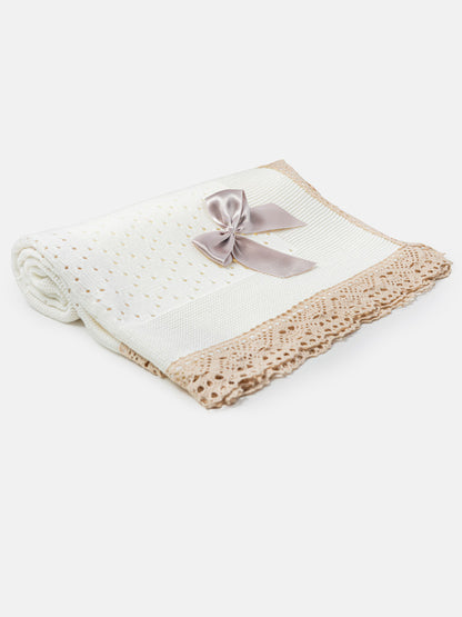 Baby Open Dot Knitted Spanish Blanket with Bow - Ivory & Beige