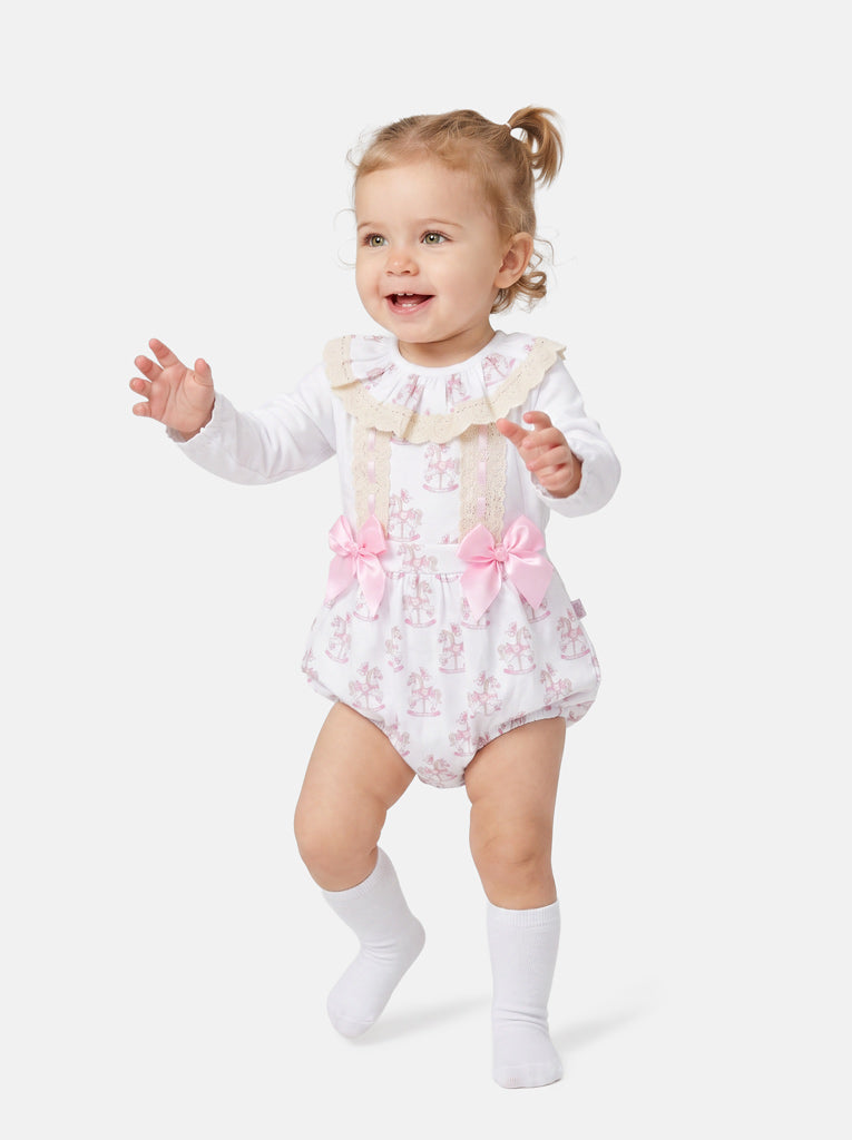 Baby Girl 2-piece Romper Set with Long Sleeves - Rocking Horse Collection - Baby Pink