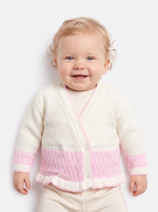 Baby Knitted Cardigan with Two-Tone Patterned Detail & Gift Box - Ivory & Baby Pink