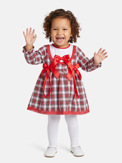 Baby Girl Little Reindeer Collection Tartan Dress with 3 Satin Bows - Red & White