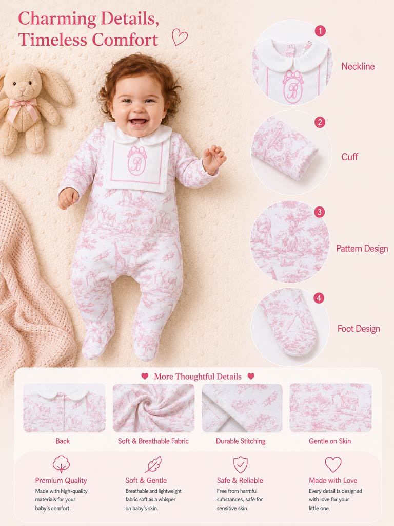 Baby Grow with Embroidered Letter "B" - Safari Collection - Baby Pink