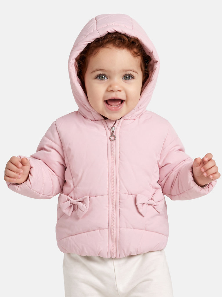 Baby Girl Padded Hooded Coat with 2 Bows - Baby Pink