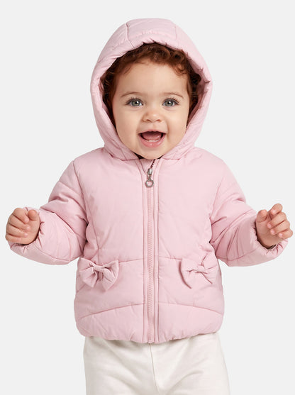 Baby Girl Padded Hooded Coat with 2 Bows - Baby Pink