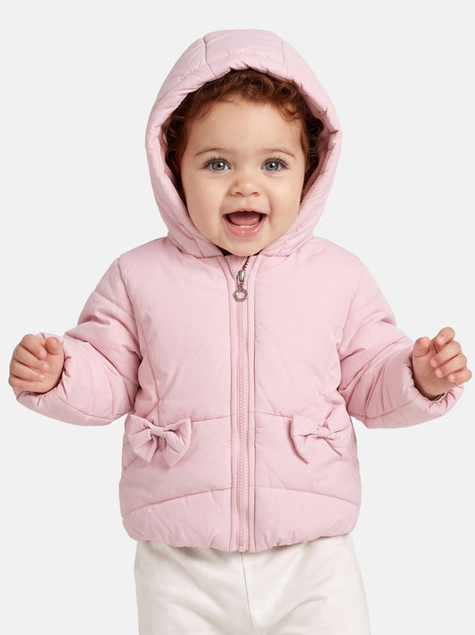 Baby Girl Padded Hooded Coat with 2 Bows - Baby Pink