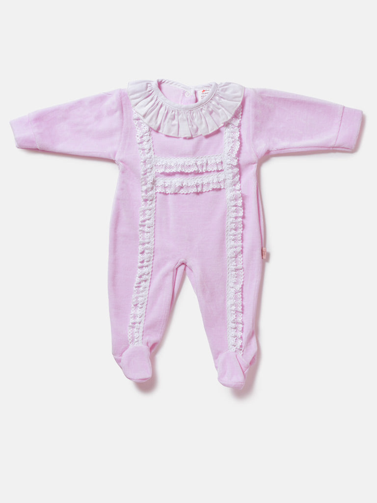 Velour Baby Grow for Girls with Lace Bodice Trim - Baby Pink