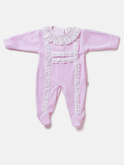 Velour Baby Grow for Girls with Lace Bodice Trim - Baby Pink
