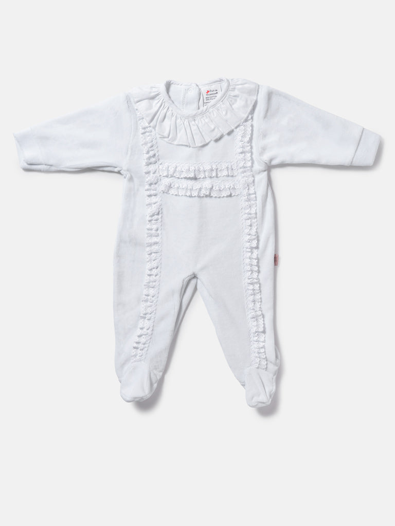 Velour Baby Grow for Girls with Lace Bodice Trim - White
