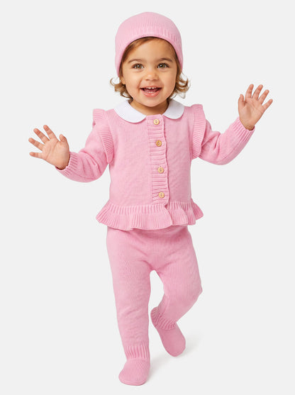 Baby Girl 3-Piece Knitted Set with Ruffled Hem - Rose Pink