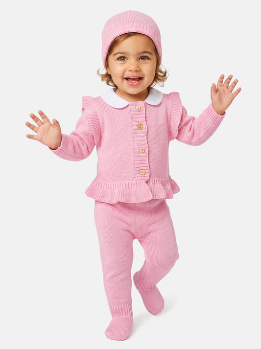 Baby Girl 3-Piece Knitted Set with Ruffled Hem - Rose Pink