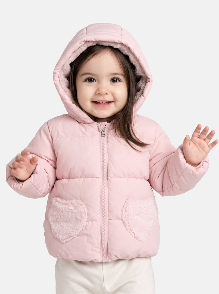 Baby Girl Padded Hooded Coat with Furry Heart Pockets - Baby Pink