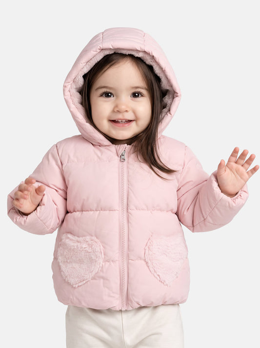 Baby Girl Padded Hooded Coat with Furry Heart Pockets - Baby Pink