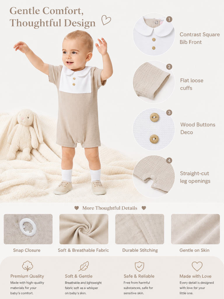 Baby One-Piece Romper with Buttons - Beige