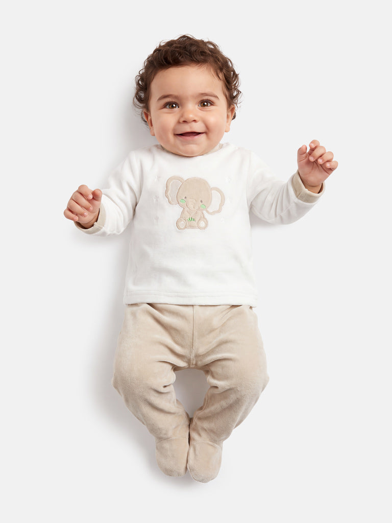 Baby Boy Emiliano Collection 2-Piece Velour Pyjama Set with Elephant Design - Beige