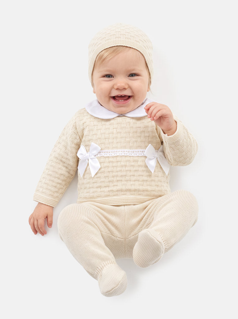 Baby Girl Twin Satin Bow Knitted 3-piece Gift Box Set - Beige
