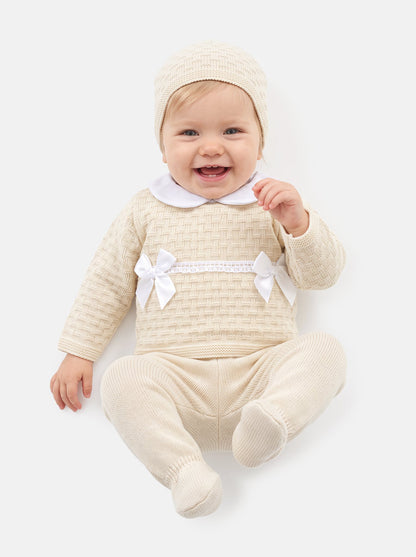 Baby Girl Twin Satin Bow Knitted 3-piece Gift Box Set - Beige