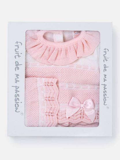 Baby Girl Frilly collar Knitted 3-piece Gift Box Set - Baby Pink