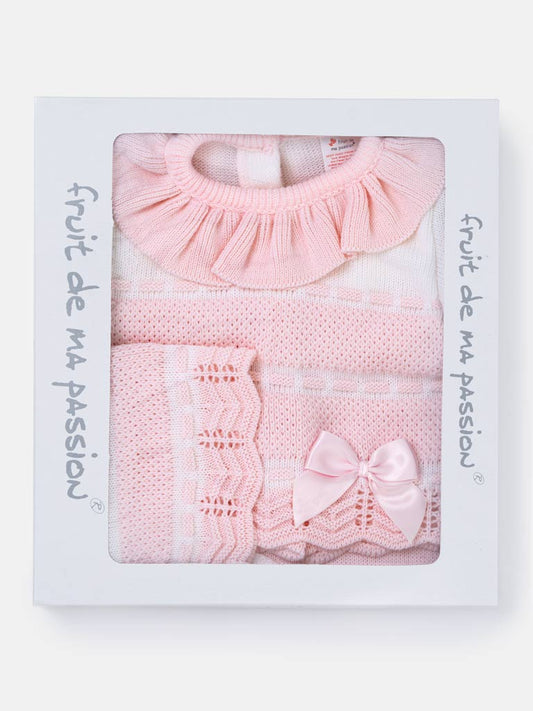 Baby Girl Frilly collar Knitted 3-piece Gift Box Set - Baby Pink