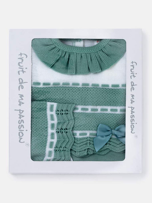 Baby Girl Frilly collar Knitted 3-piece Gift Box Set - Mint Green