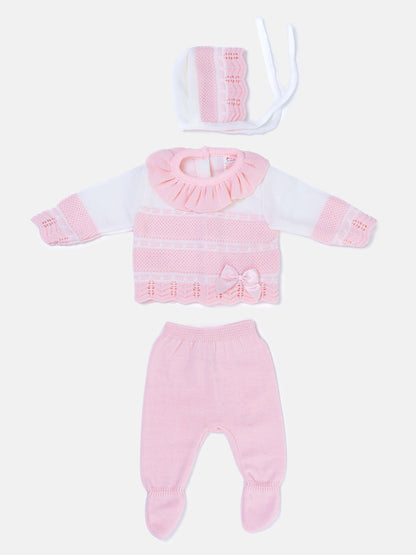 Baby Girl Frilly collar Knitted 3-piece Gift Box Set - Baby Pink