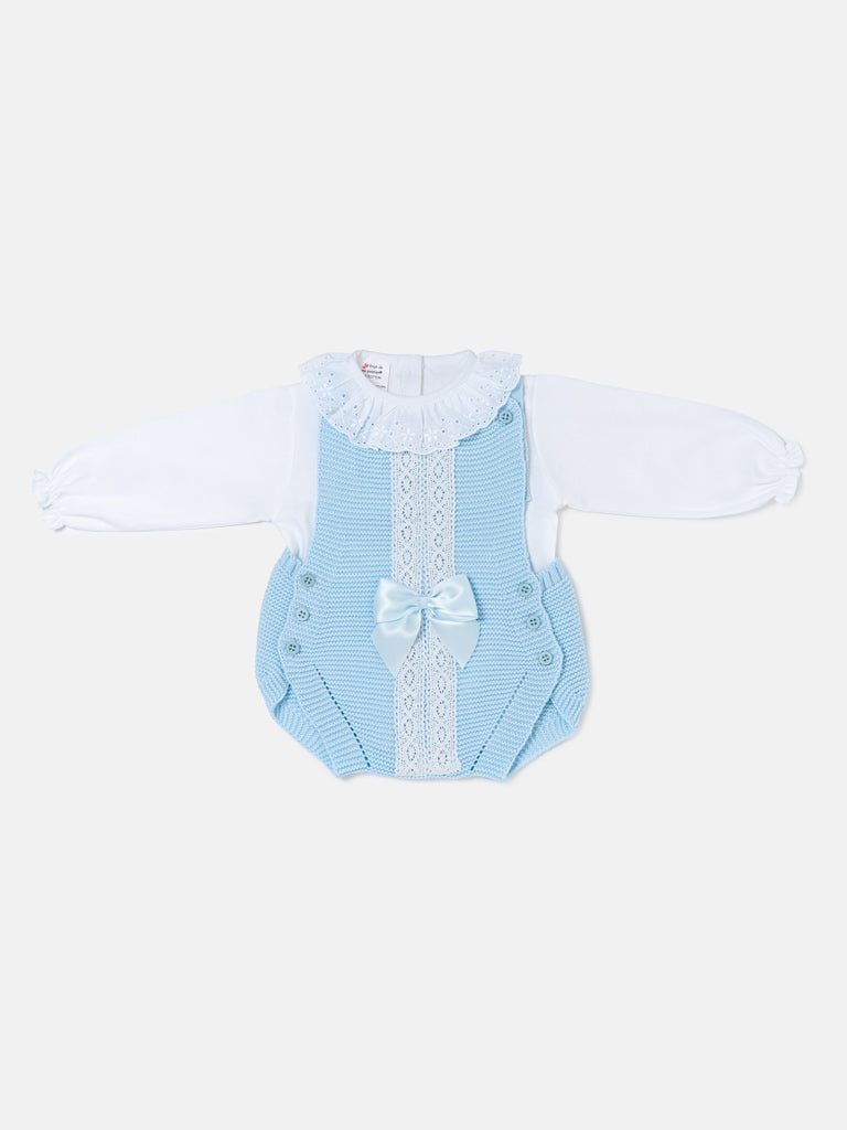 Baby Girl OLIVIA COLLECTION 2 Piece Knitted Romper with Bow - Baby Blue