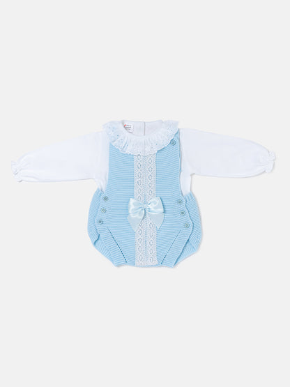 Baby Girl OLIVIA COLLECTION 2 Piece Knitted Romper with Bow - Baby Blue