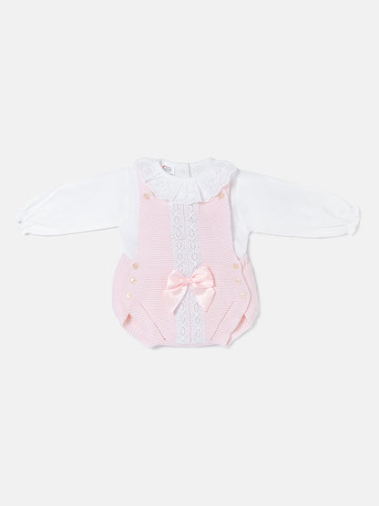 Baby Girl OLIVIA COLLECTION 2 Piece Knitted Romper with Bow - Baby Pink