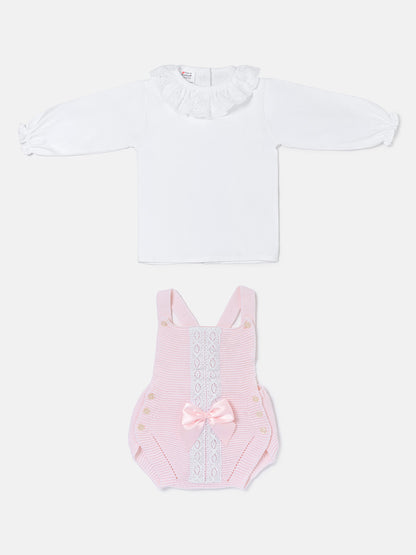 Baby Girl OLIVIA COLLECTION 2 Piece Knitted Romper with Bow - Baby Pink