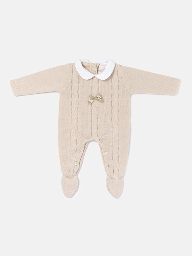 Unisex JIMENA COLLECTION Knitted Baby Grow with Tiny Bow - Beige