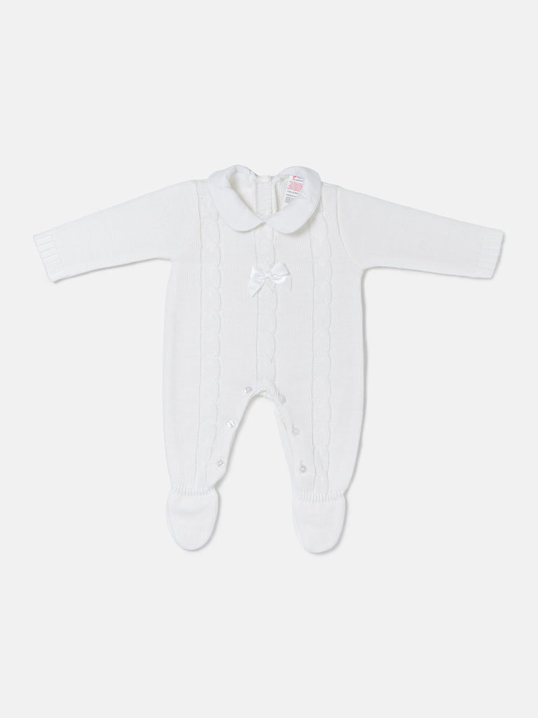 Unisex JIMENA COLLECTION Knitted Baby Grow with Tiny Bow - White