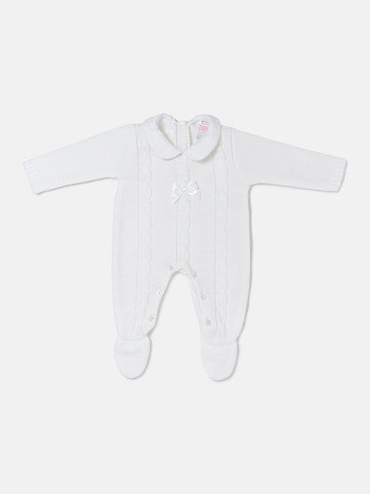 Unisex JIMENA COLLECTION Knitted Baby Grow with Tiny Bow - White