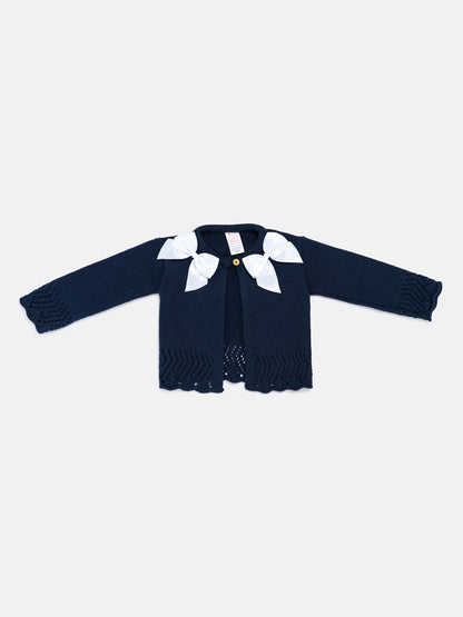 Baby Girl Cardigan with 2 Big Bows - Navy Blue & White Bow