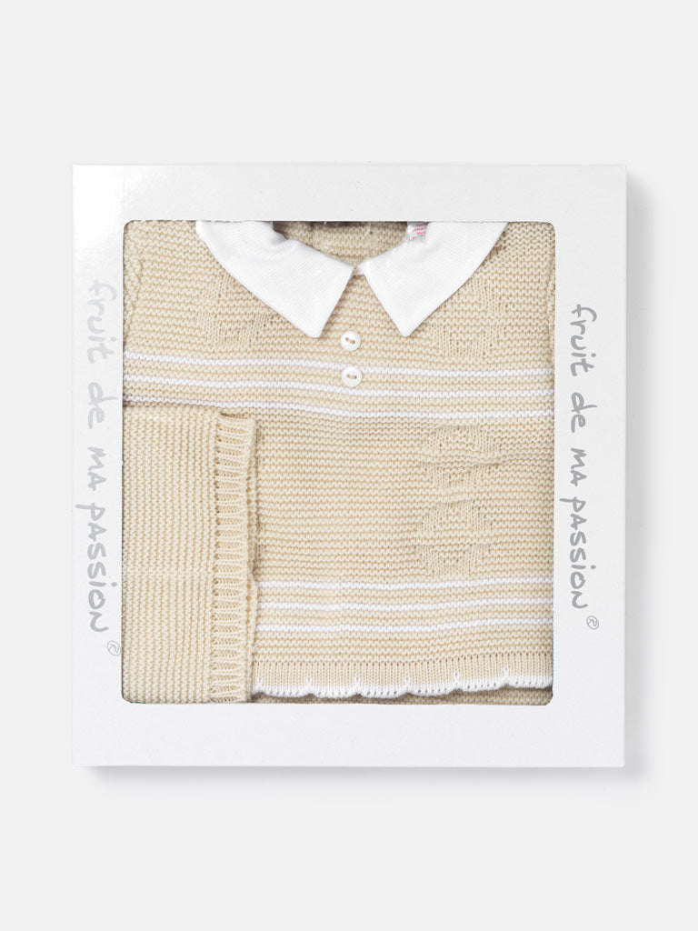 Baby Boy 3-Piece Diamond Knitted Gift Box Set - Beige