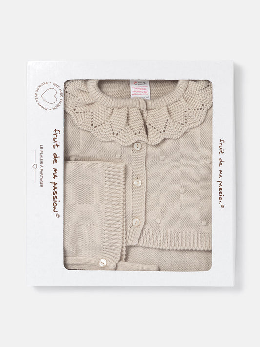 Baby Girl 3-Piece Frilly Knitted Gift Box Set - Beige