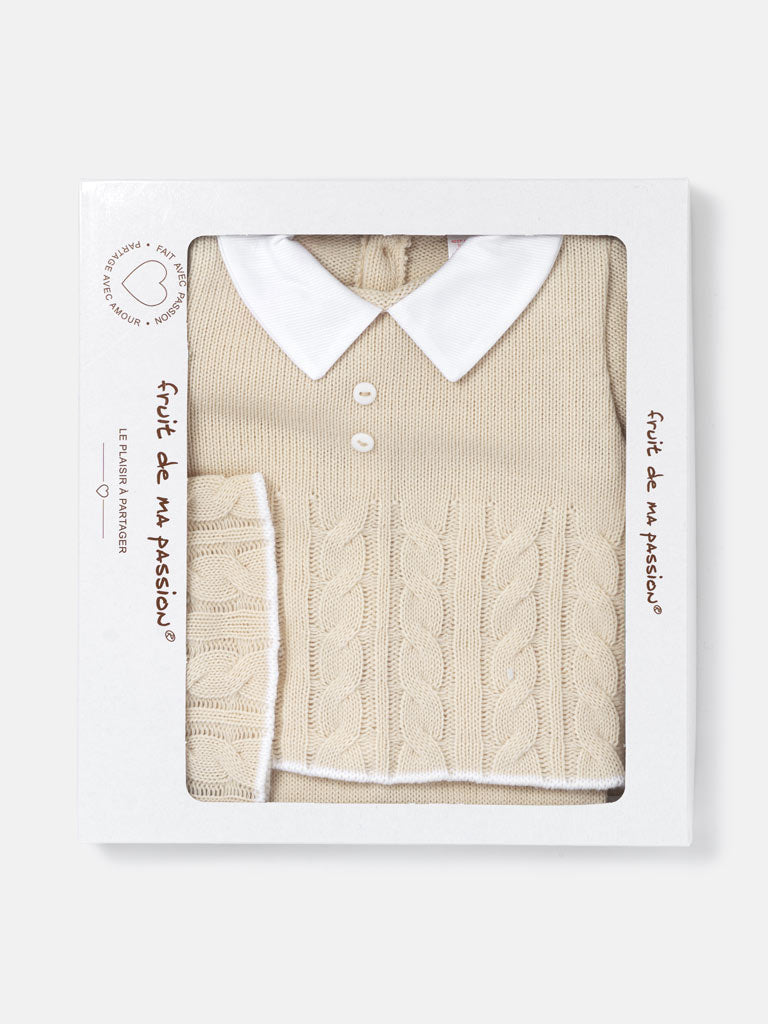 Baby Boy 3-Piece Cable Knitted Gift Box Set - Beige