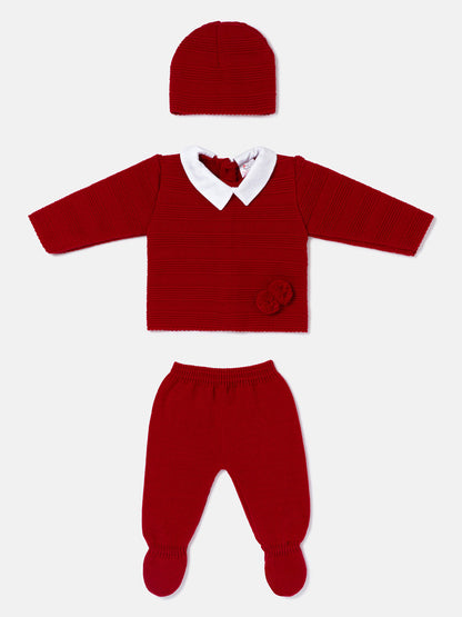 Baby Boy 3-Piece Knitted Gift Box Set with Pom-Pom - Red