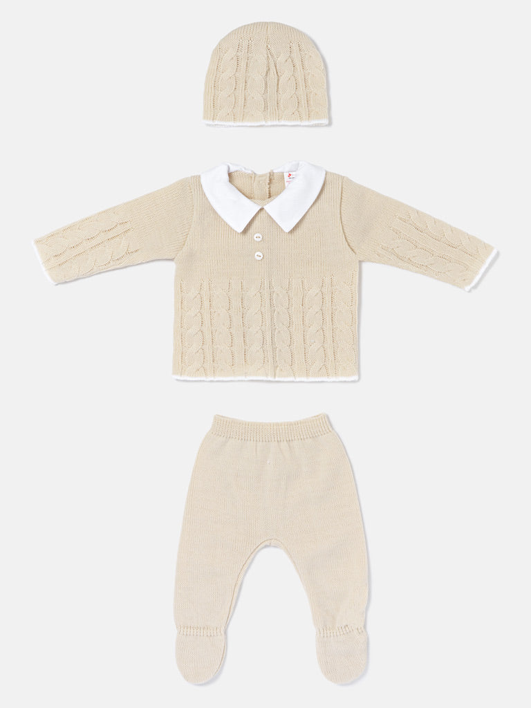 Baby Boy 3-Piece Cable Knitted Gift Box Set - Beige
