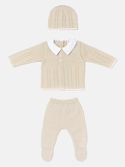 Baby Boy 3-Piece Cable Knitted Gift Box Set - Beige