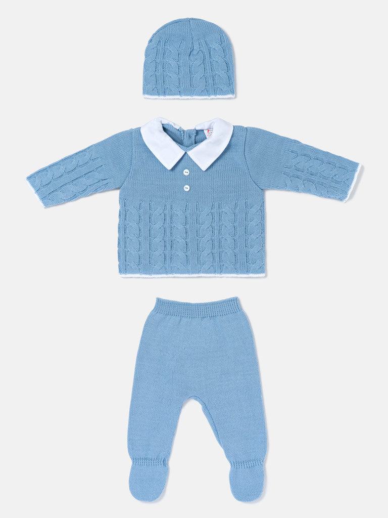 Baby Boy 3-Piece Cable Knitted Gift Box Set - Baby Blue