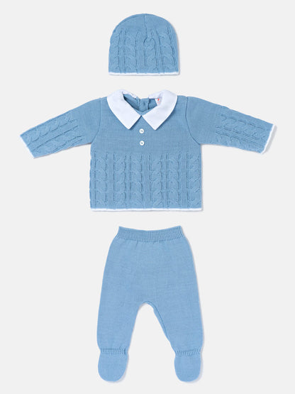 Baby Boy 3-Piece Cable Knitted Gift Box Set - Baby Blue